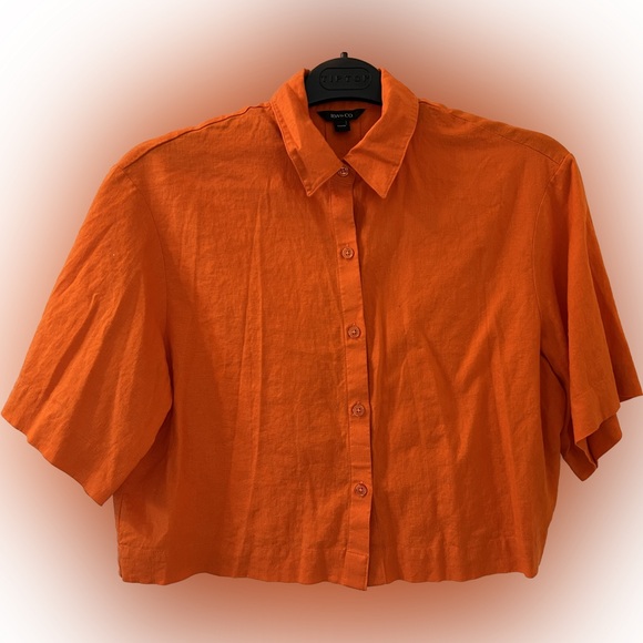 Cropped loose button down shirt LINEN blend - Picture 1 of 7